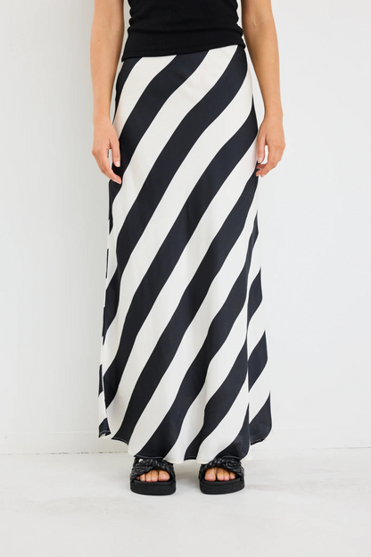 Fiery Black White Stripe Satin Bias Maxi Skirt