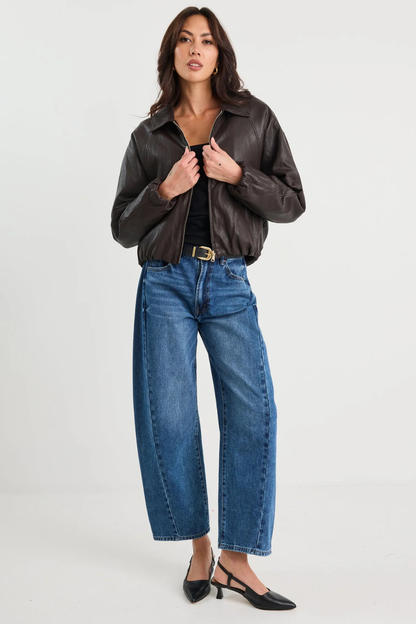 Troupe Chocolate PU Leather Zip Through Bubble Hem Bomber Jacket