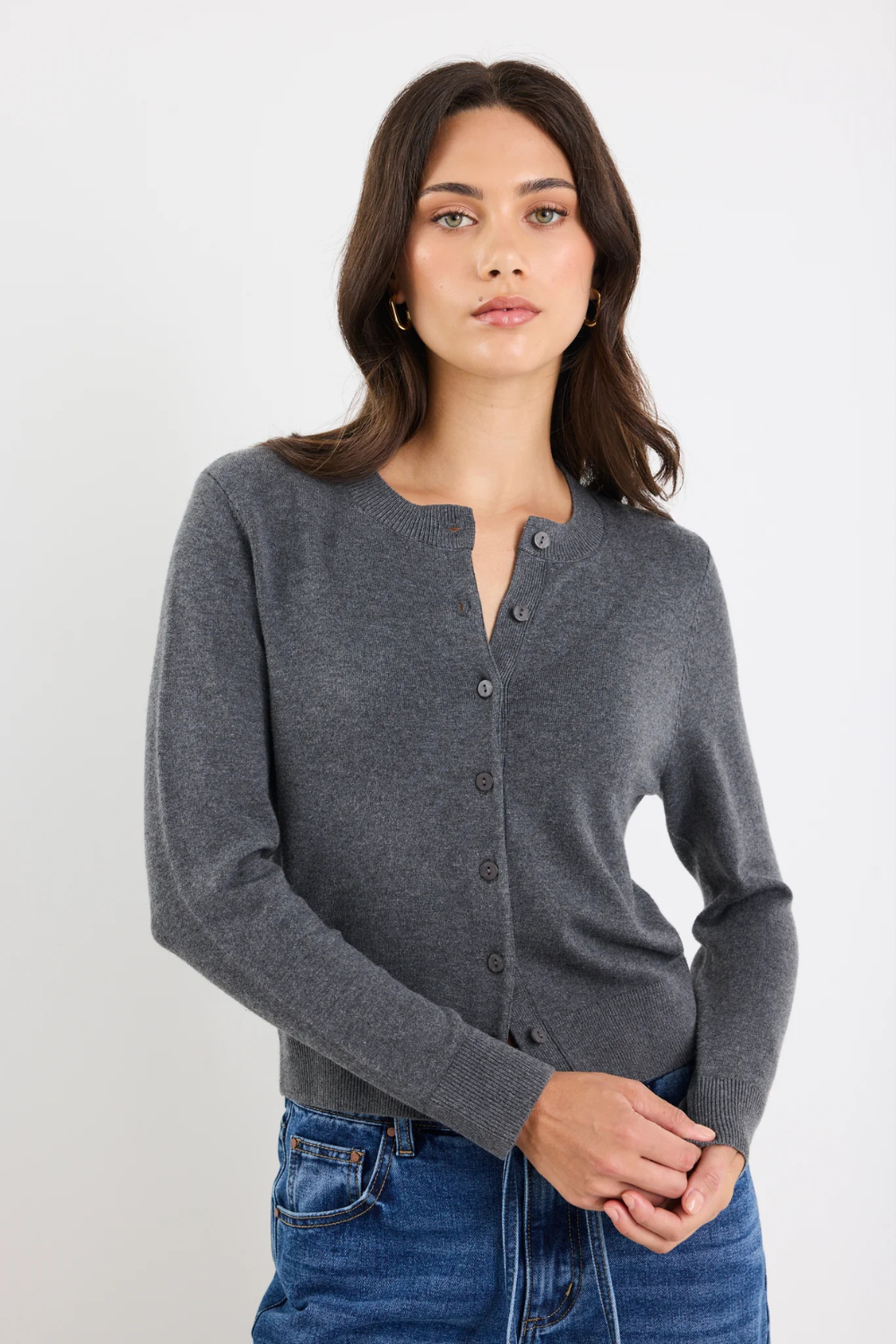 Autograph Charcoal Soft Fine Gauge Crewneck Cardigan