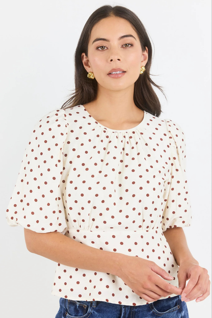 Eventual Ivory Chocolate Polka Dot Mid Sleeve Fit and Flare Top