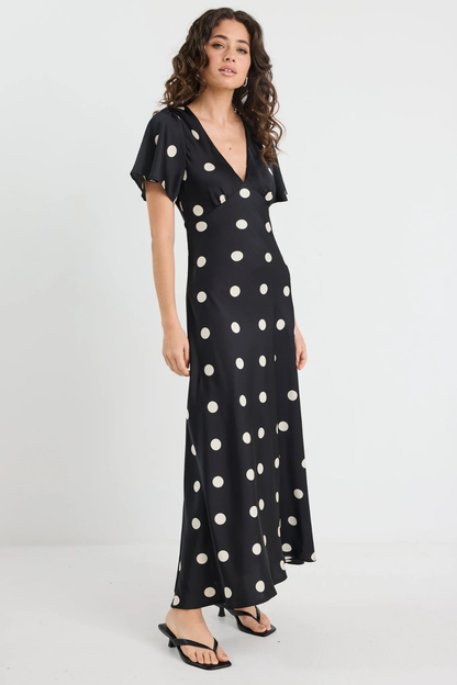 Chariot Black Polka Dot Bias Flutter Sleeve Maxi Dress