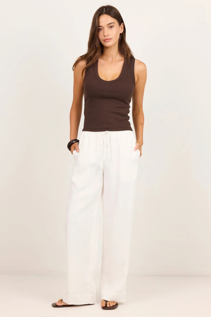 Wellness White Linen Pull On Wide Leg Pants