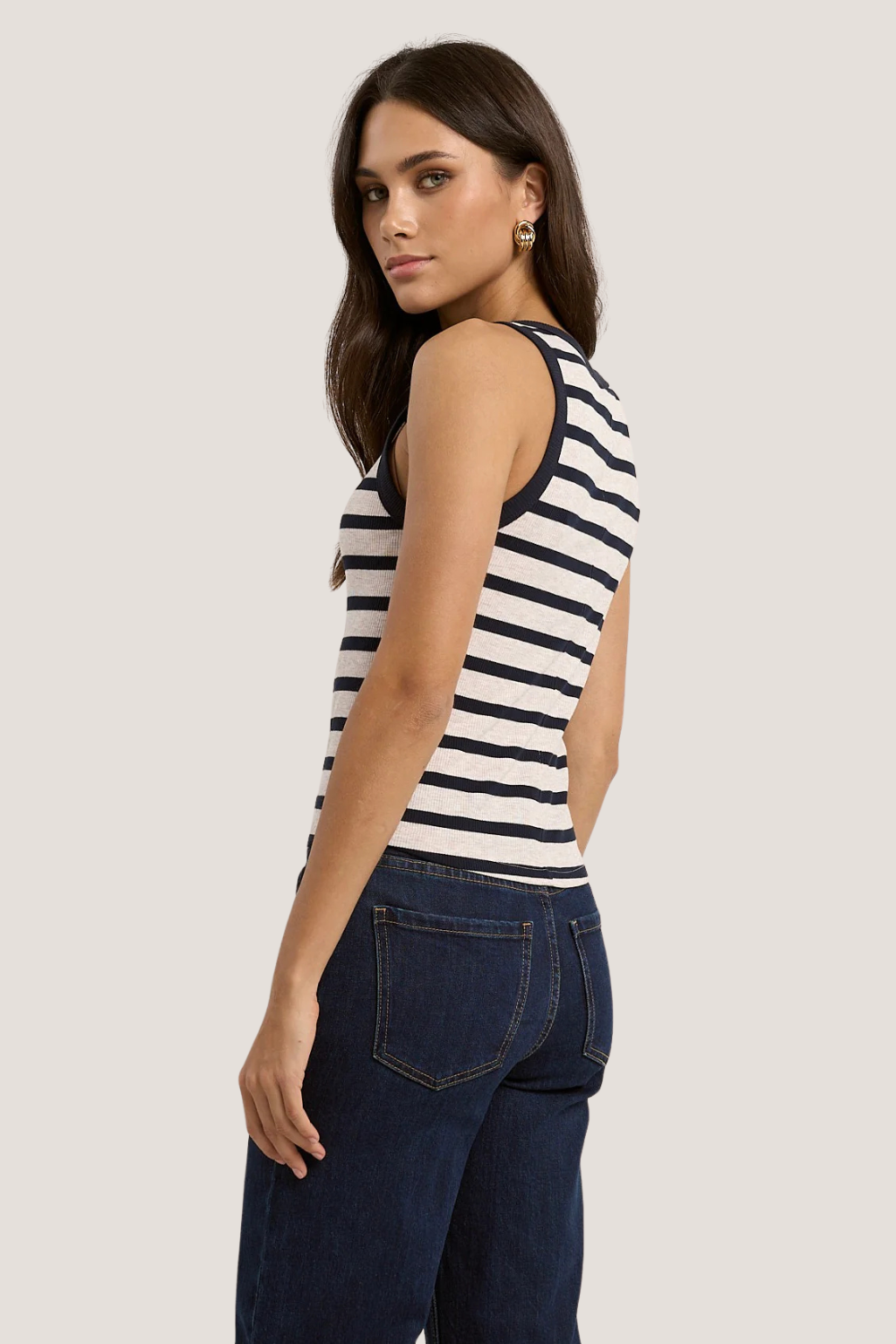 Cobble Navy Ecru Stripe Rib Cutaway Tank