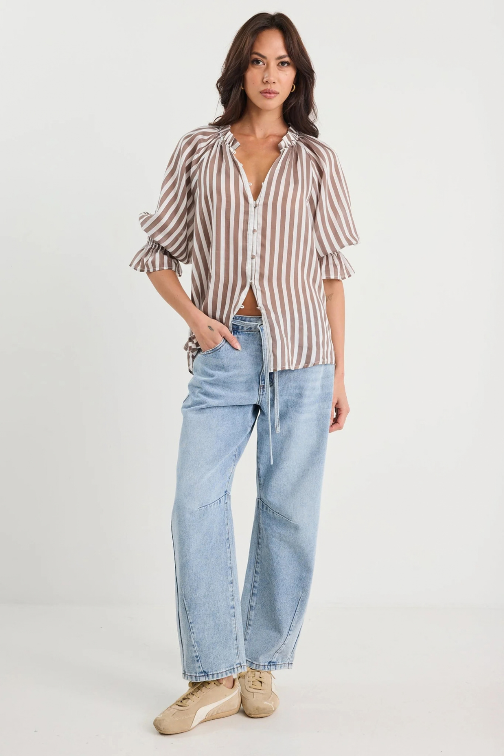 Noetic Chocolate Stripe Short Sleeve Blouse