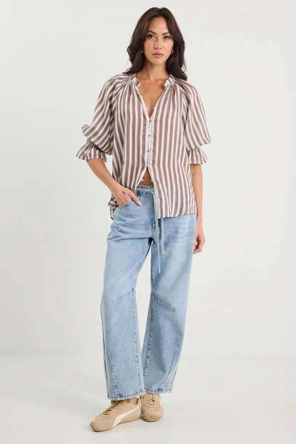 Noetic Chocolate Stripe Short Sleeve Blouse