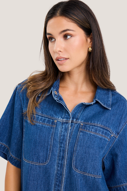 Shortcut Storm Blue Denim Short Sleeve Boxy Mini Shirt Dress