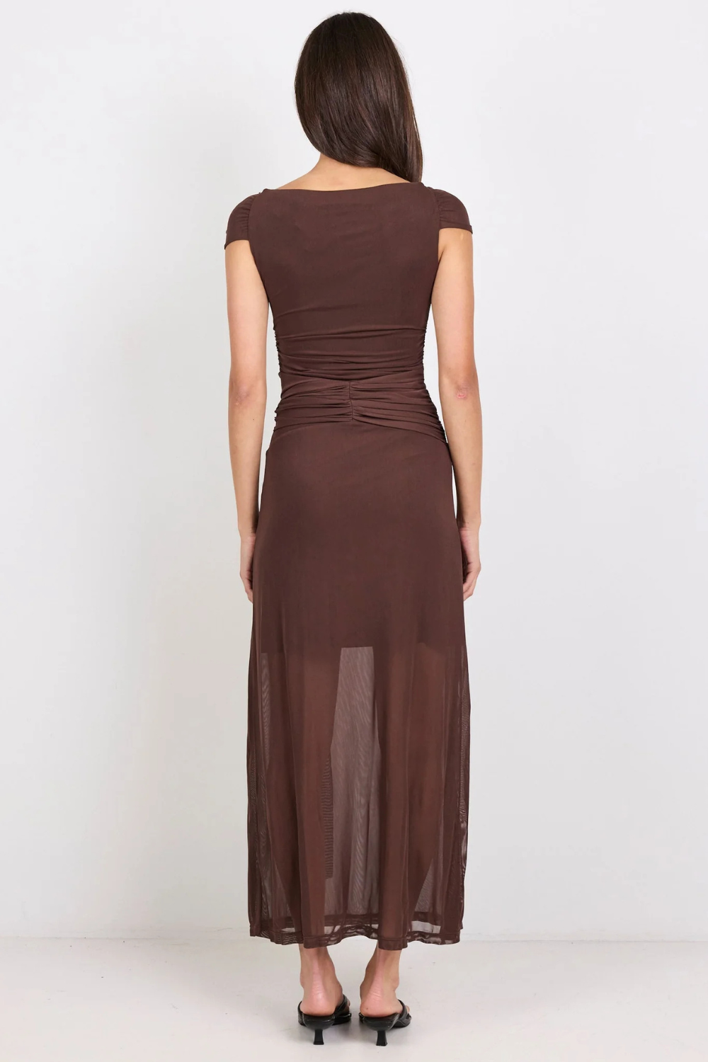 Monarch Chocolate Mesh Off Shoulder Maxi Dress