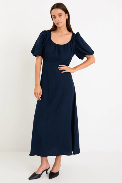 Chorus Navy Puff Sleeve Scoop Neck Floaty Maxi Dress