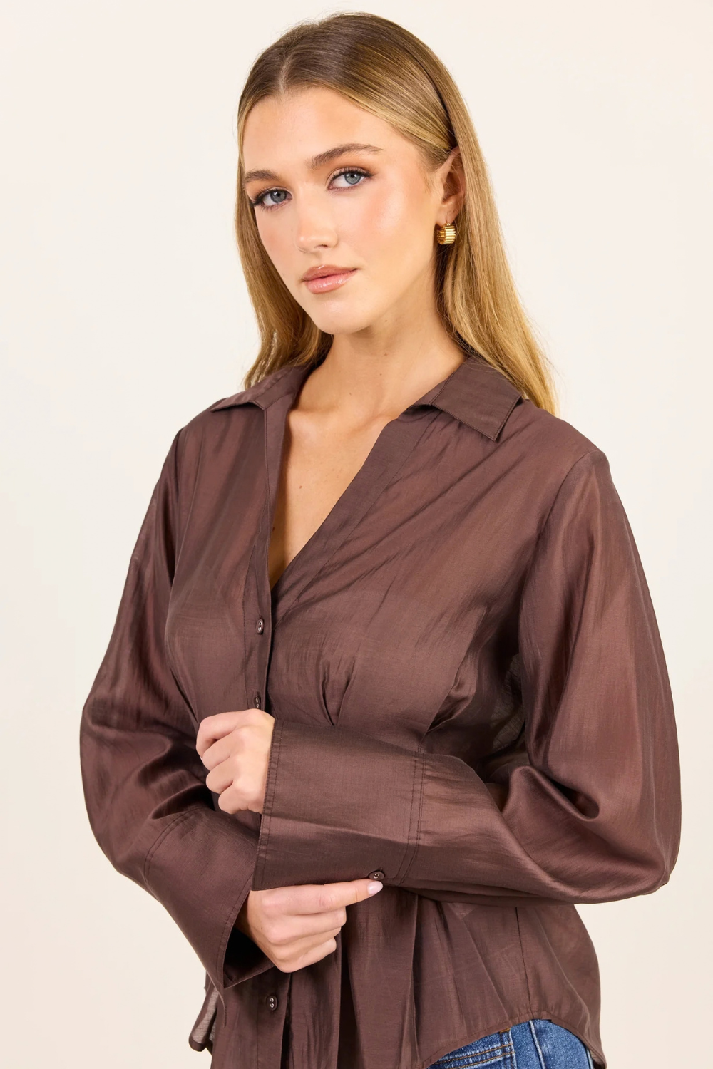 Sundial Chocolate Semi Sheer Corset Detail Waist Shirt