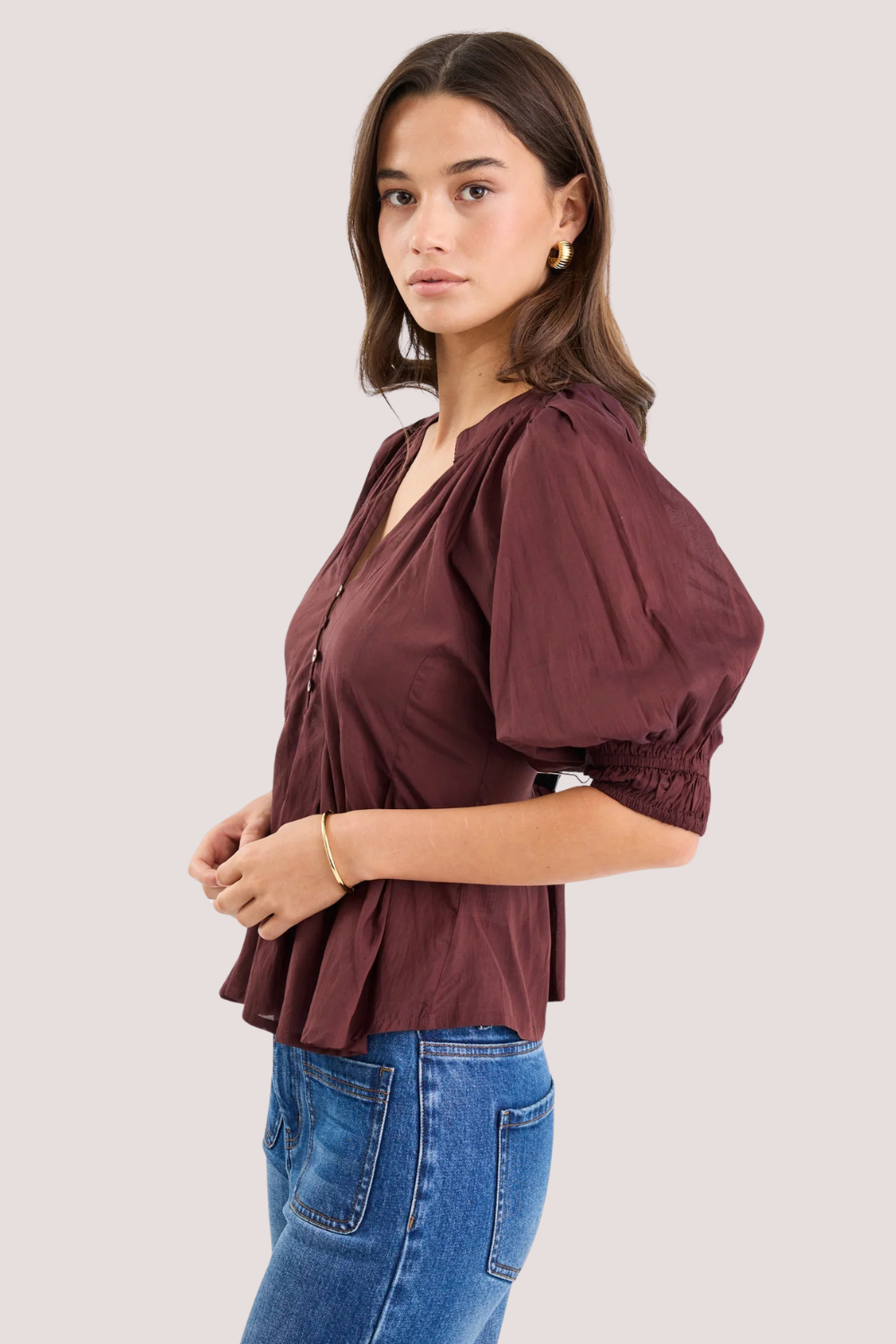 Esteem Chocolate Voile Pleated Short Sleeve Button-Through Top