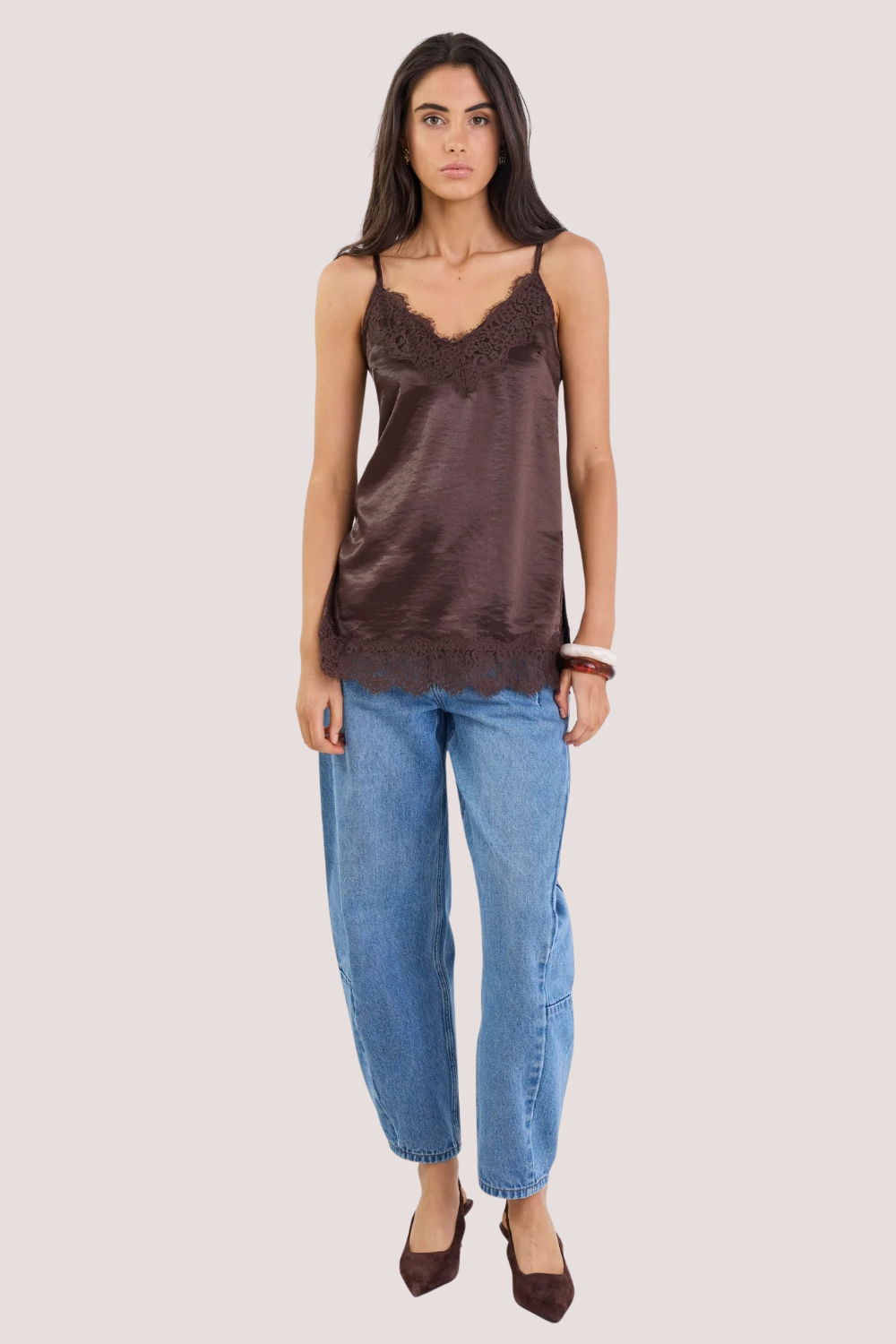 Noir Chocolate Satin Lace Trim Cami