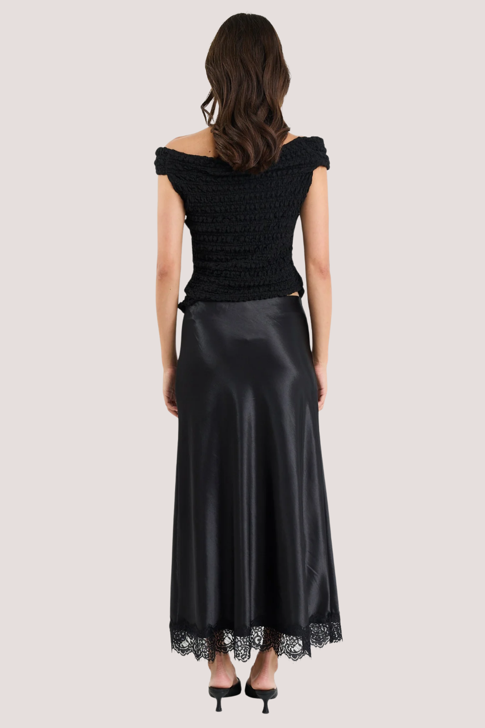 Margarita Black Satin Lace Trim Bias Maxi Skirt