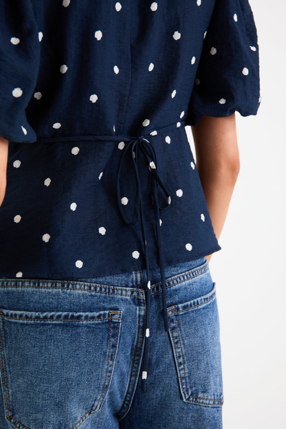 Finali Navy Polka Dot Bubble Sleeve Top