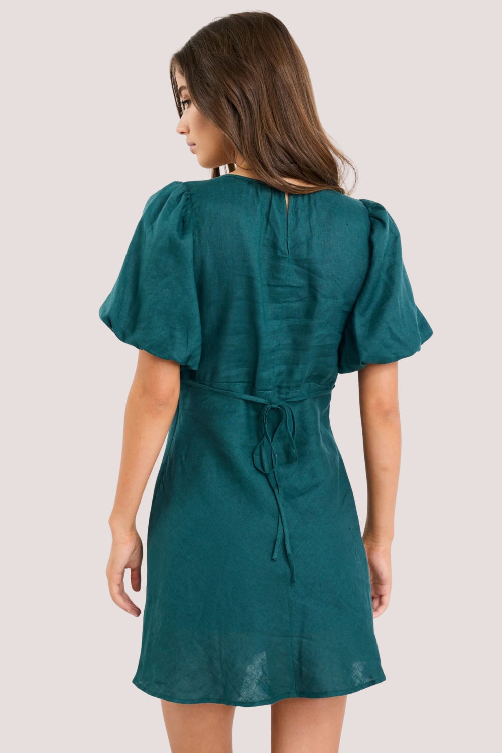 Delphine Forest Linen Puff Sleeve Mini Dress