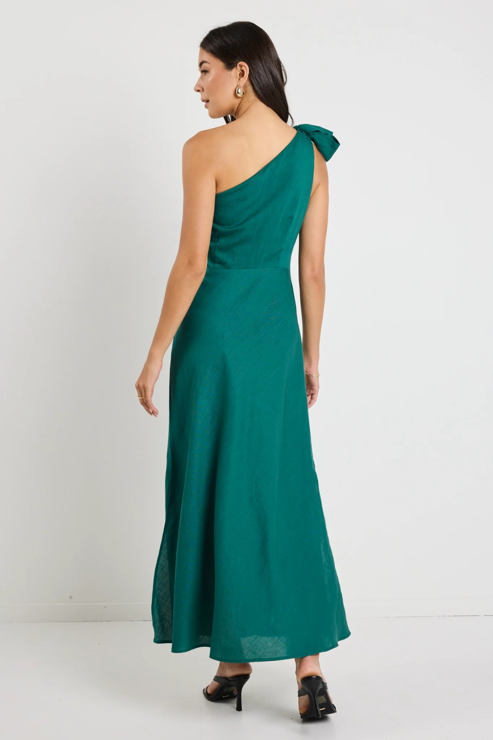 Mirror Forest Linen Blend One Shoulder Bow Midi Dress