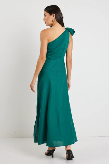 Mirror Forest Linen Blend One Shoulder Bow Midi Dress