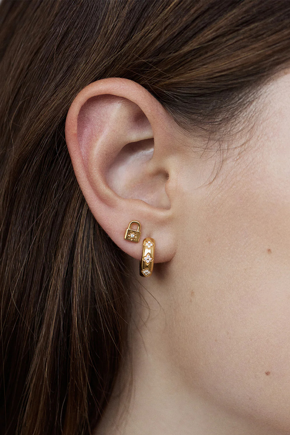 18k Gold Vermeil Crystal Lotus Padlock Stud Earrings