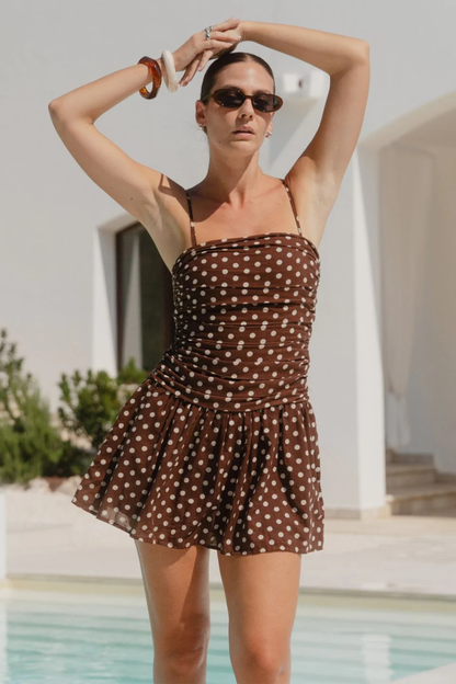 Florentine Chocolate Polka Dot Strapless Pleated Bodice Mini Dress