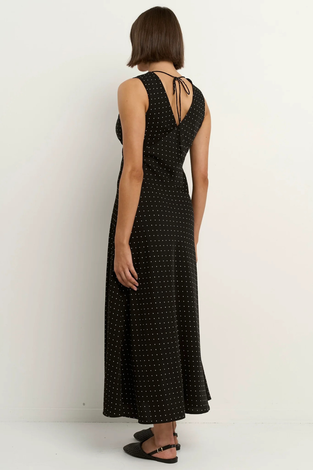 Aston Black Ditsy Polka Dot Satin Bias Flared Maxi Dress