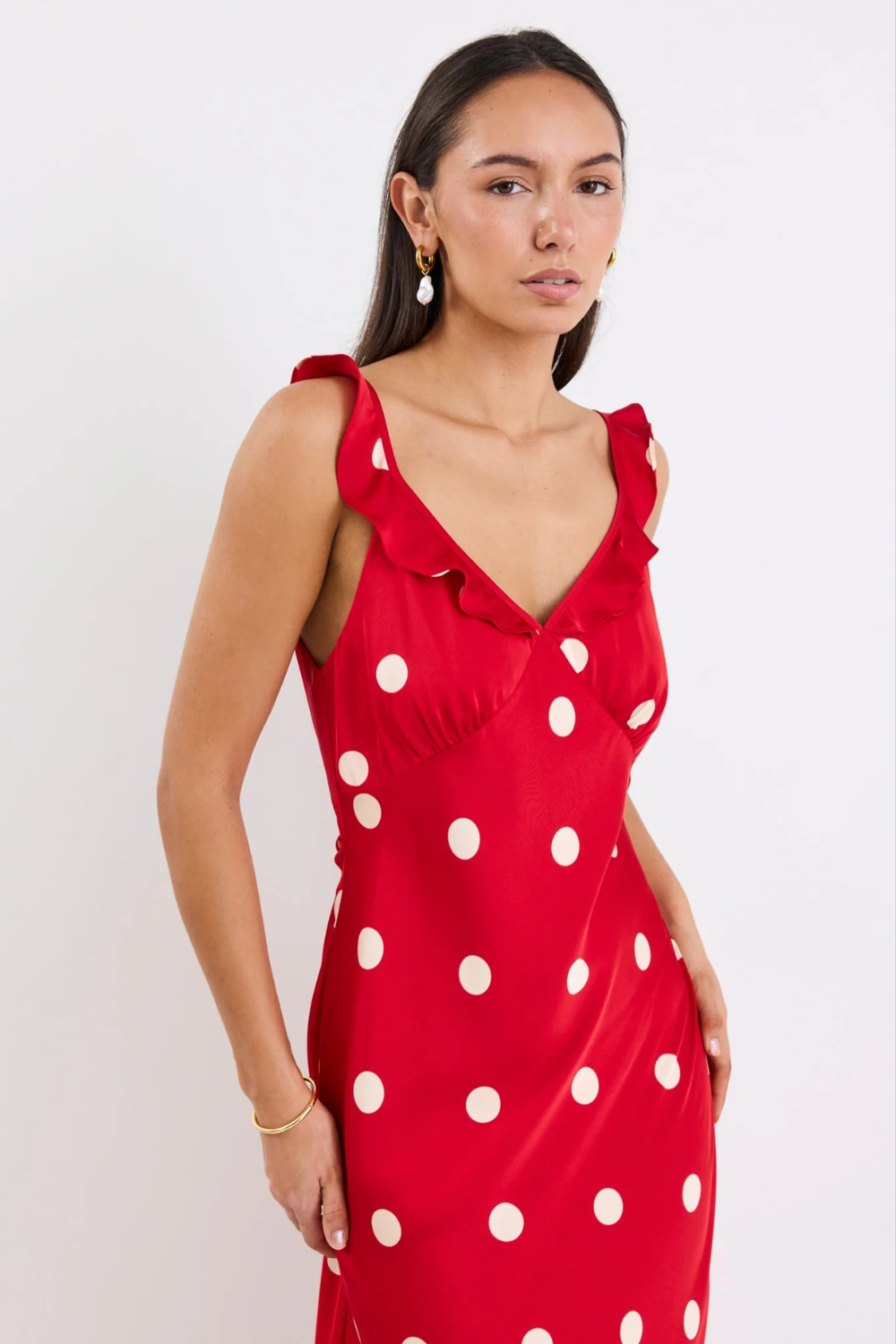 Delightful Cherry Polka Dot Satin Bias Slip Maxi Dress