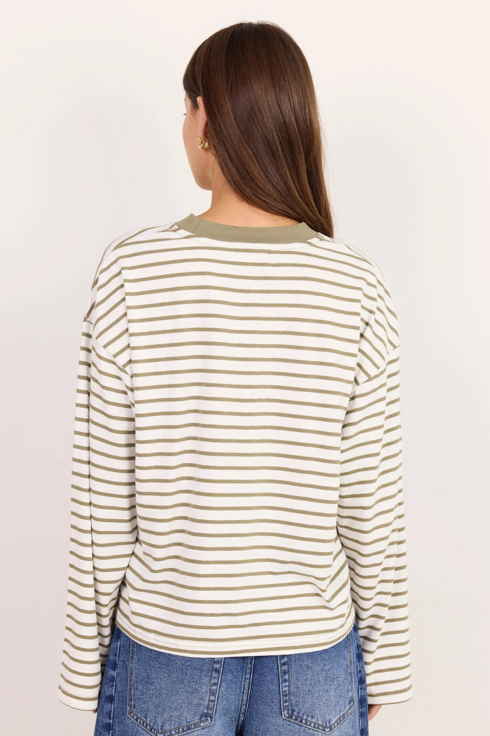 Unite Khaki White Stripe Long Sleeve Contrast Binding Boxy Tee