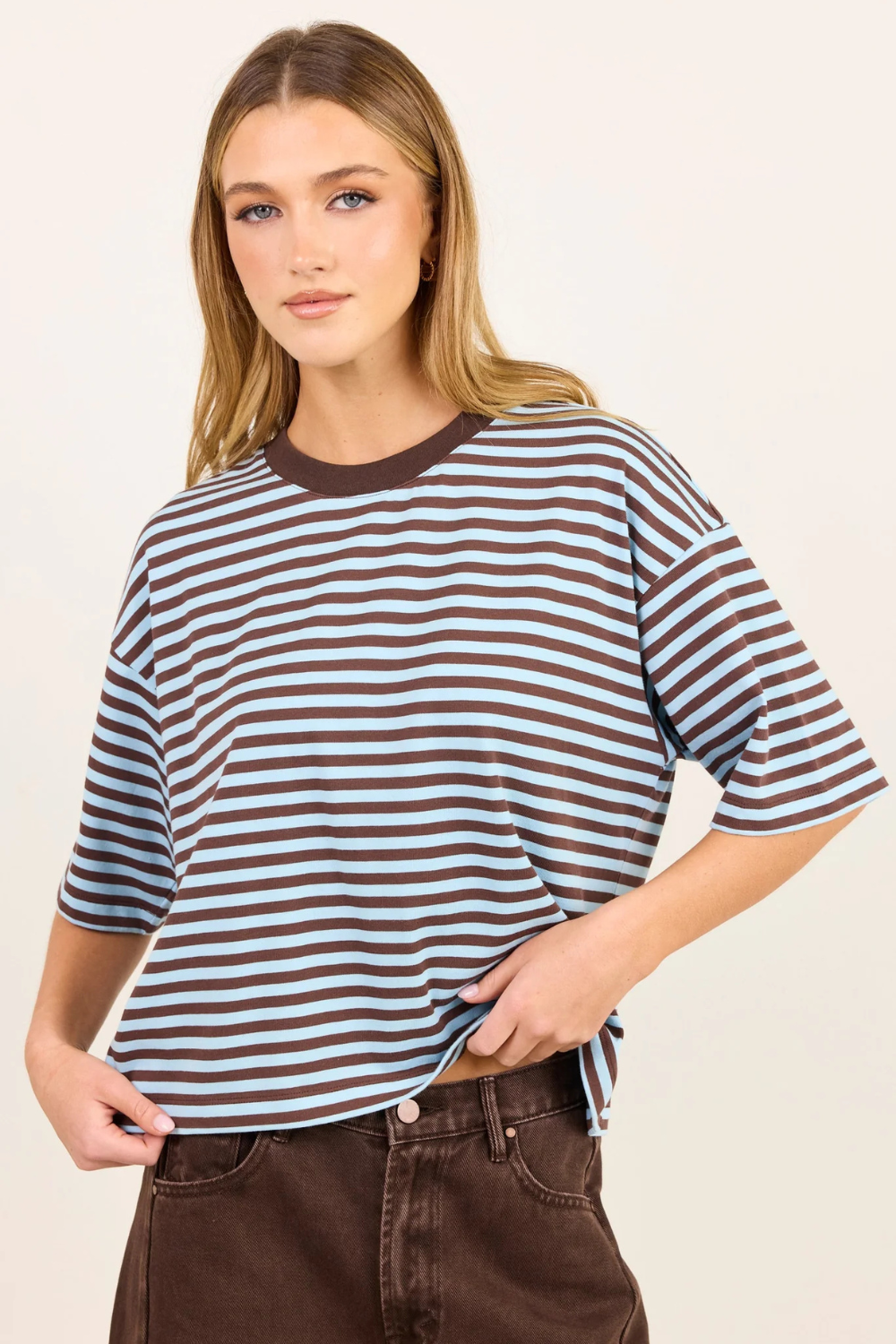 Cohesion Ice Blue Chocolate Stripe Oversized Contrast Binding Boxy SS Tee