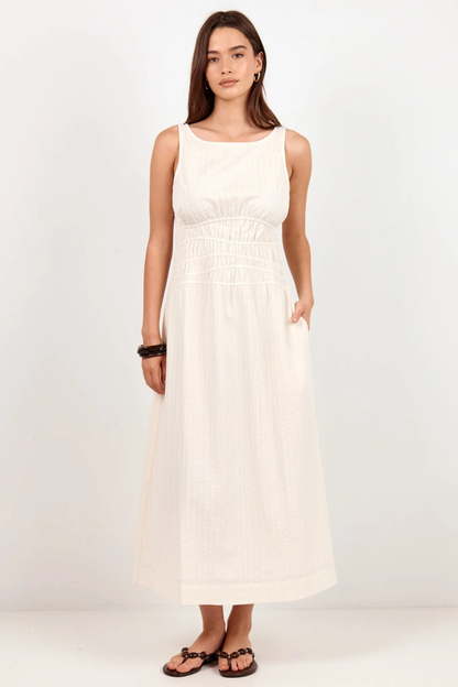 Lucent Cream Sleeveless Shirred Bodice Midi Dress