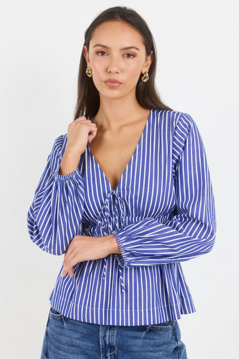 Belief Blue Stripe V Neck Fit and Flare Long Sleeve Top