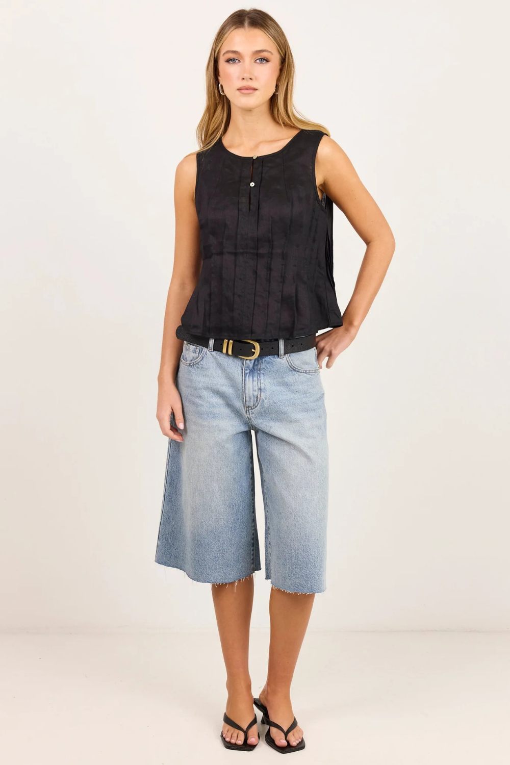 Encourage Black Linen Pintuck Front Boatneck Top