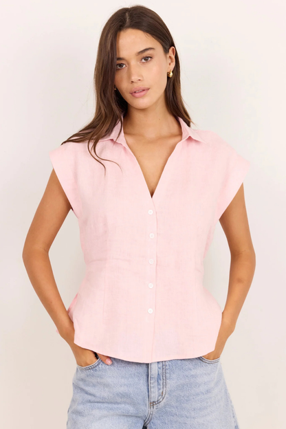 Villager Blush Linen Tie Back Short Sleeve Shirt