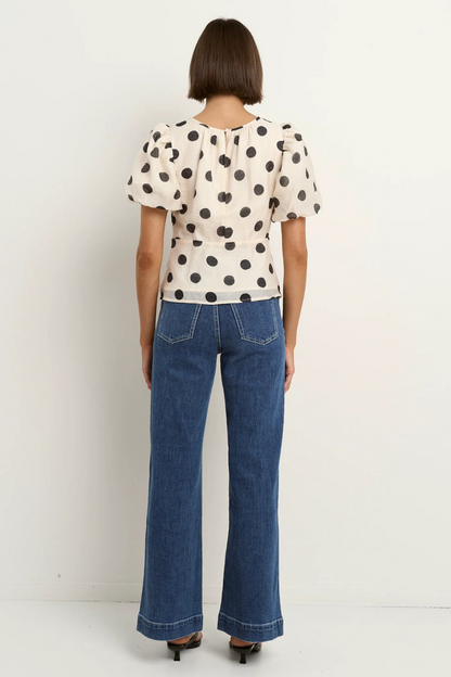 Finali Cream Black Polka Dot Puff Short Sleeve Top