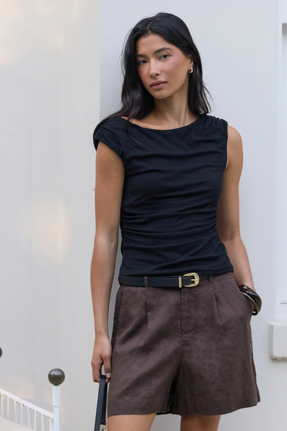 Literal Dark Chocolate Linen Pleat Front Shorts