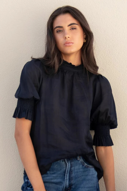 Verse Navy Sheer High Neck Short Sleeve Top