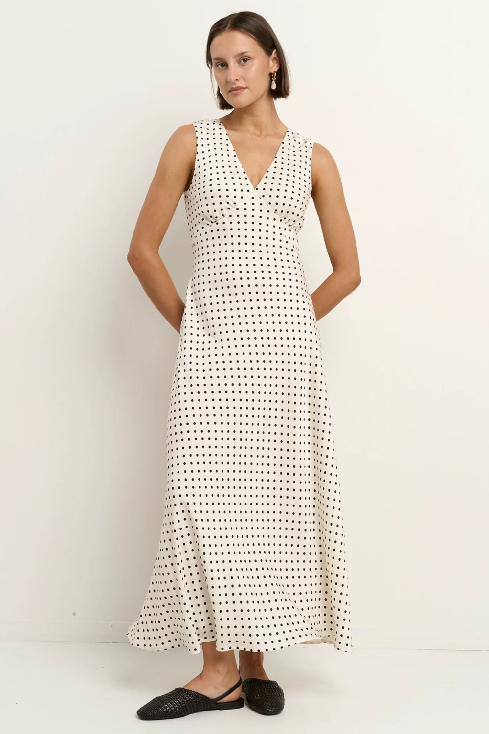 Aston Cream Ditsy Polka Dot Satin Bias Flared Maxi Dress