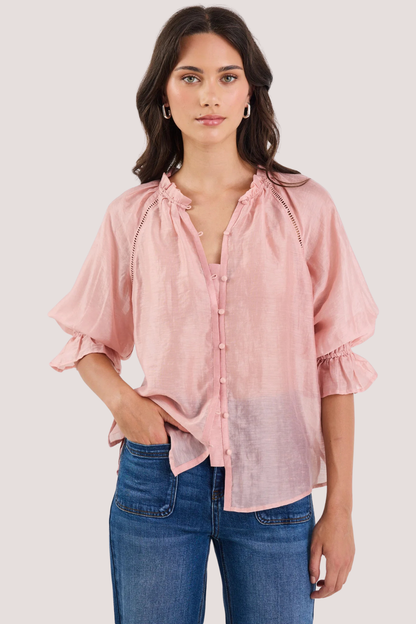Encounter Blush Textured SS Gathered Button Front Top