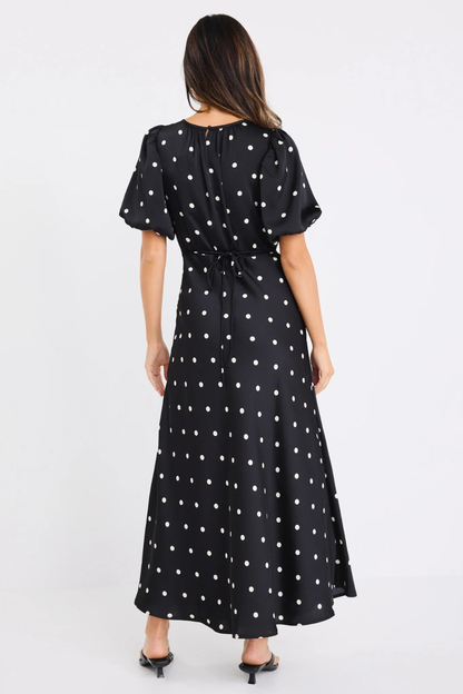 Stage Black Polka Dot Puff Sleeve Floaty Maxi Dress