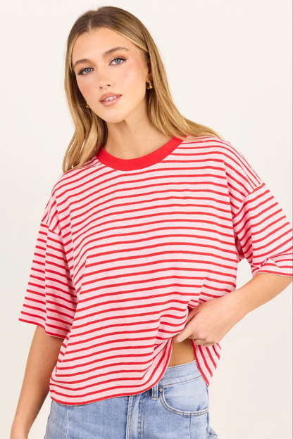 Cohesion Pink Red Stripe Oversized Contrast Binding Boxy SS Tee