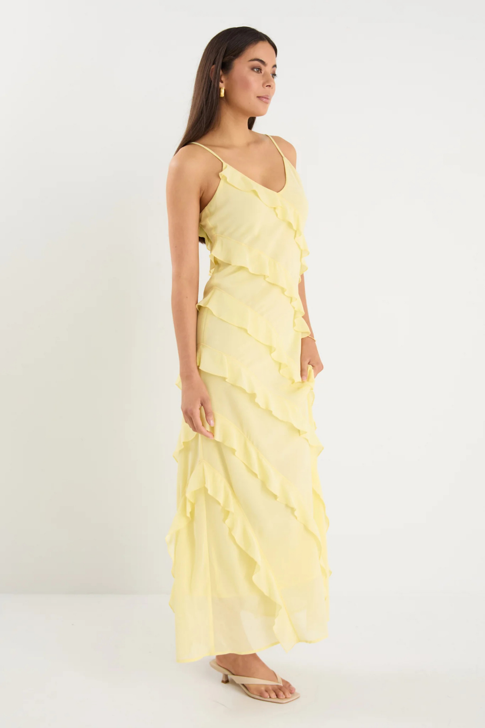 Galore Butter Bias Ruffle Slip Maxi Dress