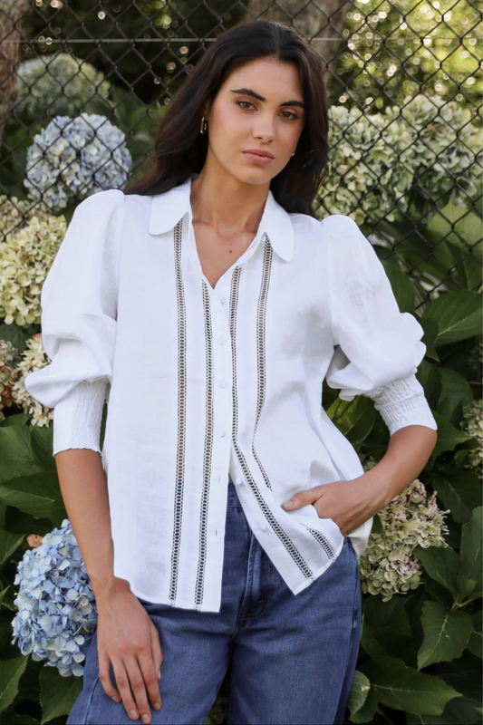 Zinnia White Ramie Lace Trim Long Sleeve Shirt