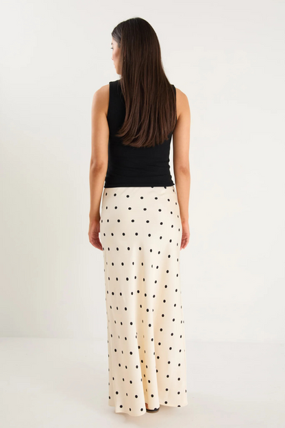 Prodigy Cream Black Polka Dot Satin Bias Cut Midi Skirt