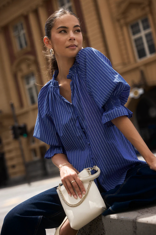 Noetic Dark Blue Stripe Short Sleeve Blouse