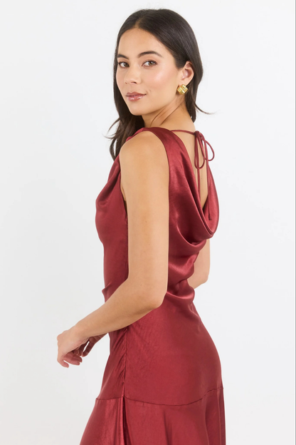 Bountiful Red Paprika Satin Tie Back Bias Slip Maxi Dress