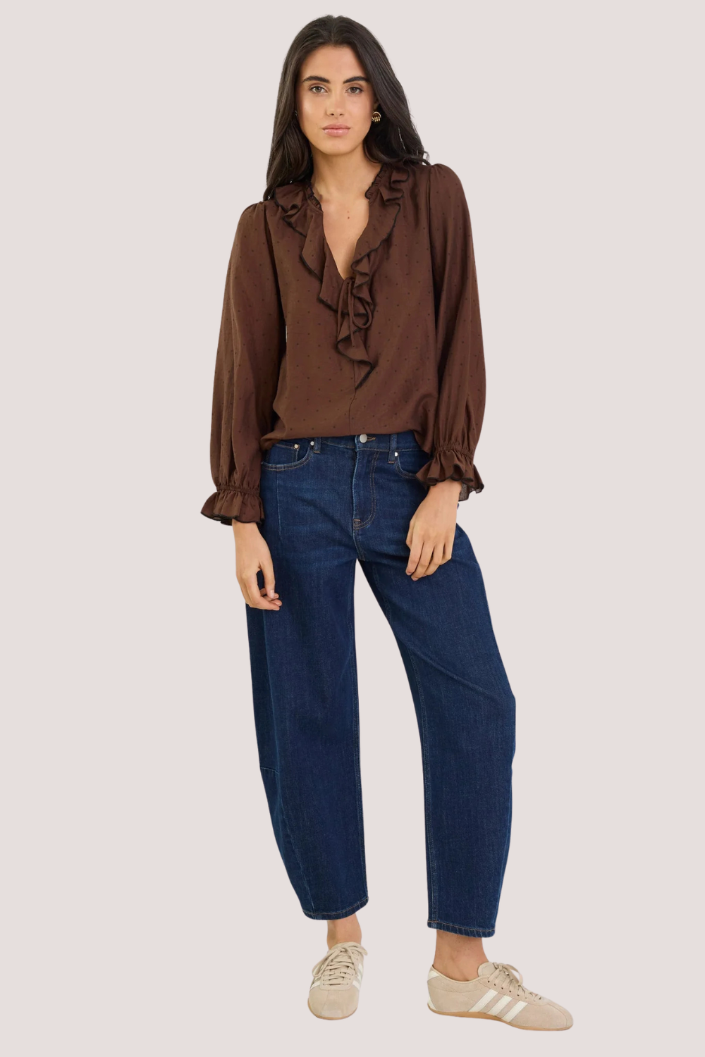 Decorate Chocolate Black Polka Dot Frill Front Mid Sleeve Top