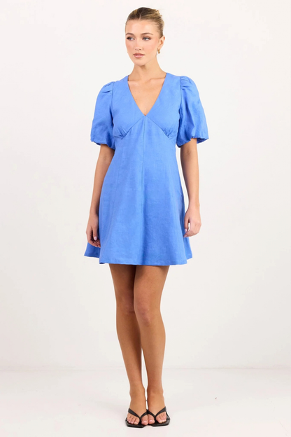 Adelaide Blue Linen Puff Sleeve Panelled Mini Dress