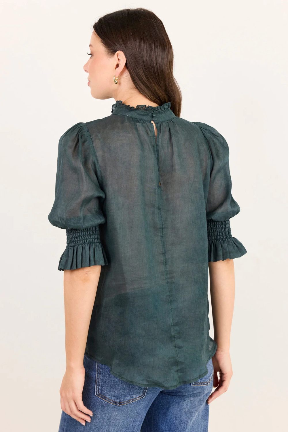 Verse Petrol Sheer High Neck Short Sleeve Top