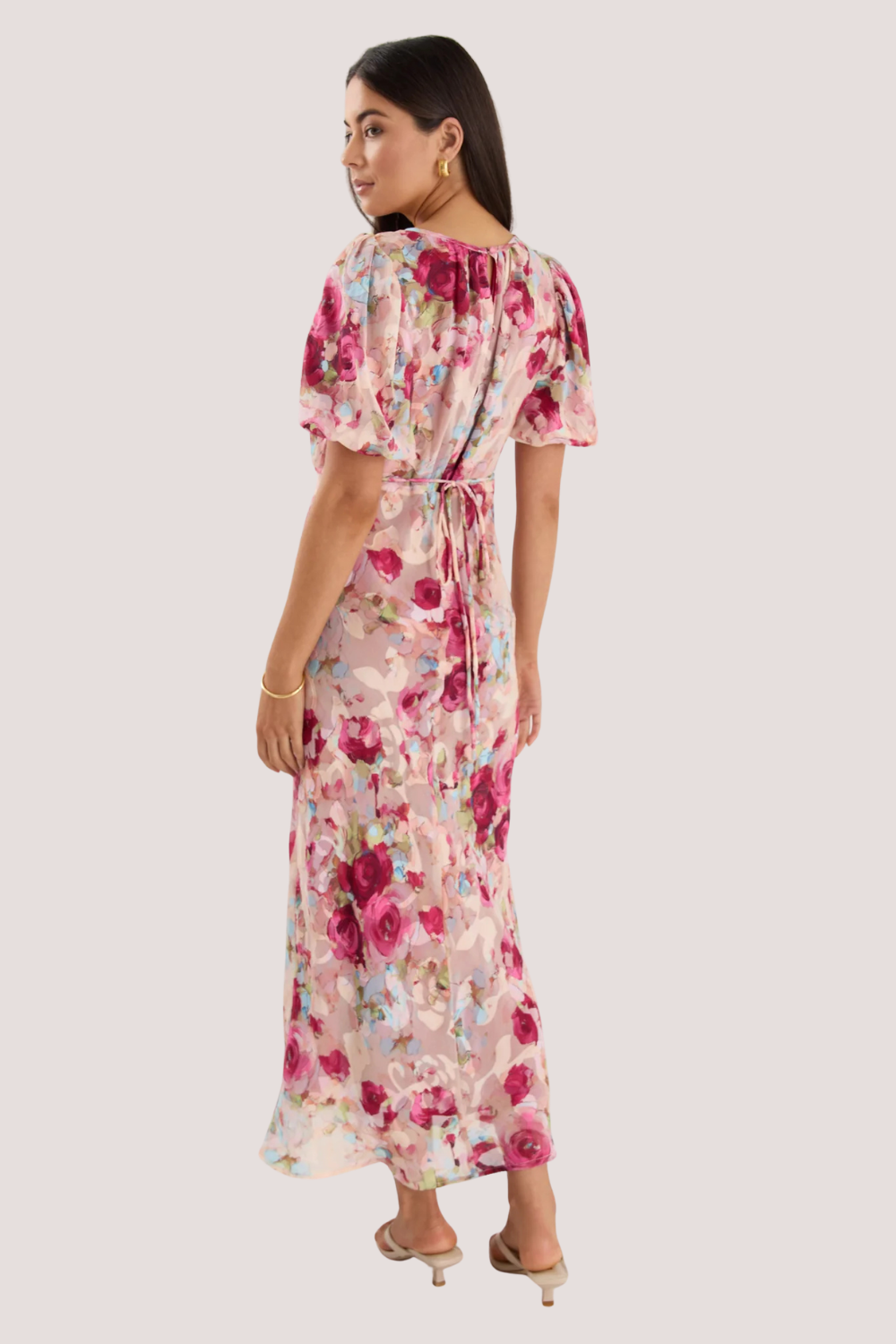 Exquisite Painted Rose Puff Sleeve Midi Dress