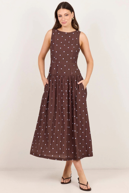 Results Mocha Blue Polka Dot Shirred Back Sleeveless Maxi Dress
