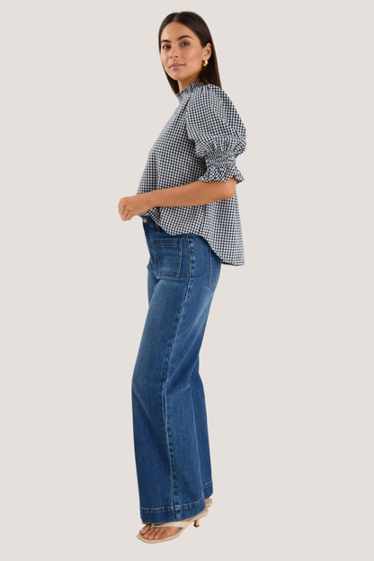 Affection Navy Gingham High Neck Top