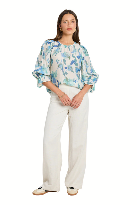 Candid Blue Cream Floral Frill Sleeve Crew Neck SS Top