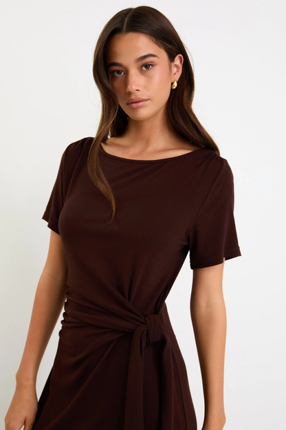 Vortex Chocolate Short Sleeve Waist Tie Knit Tee Shirt Dress